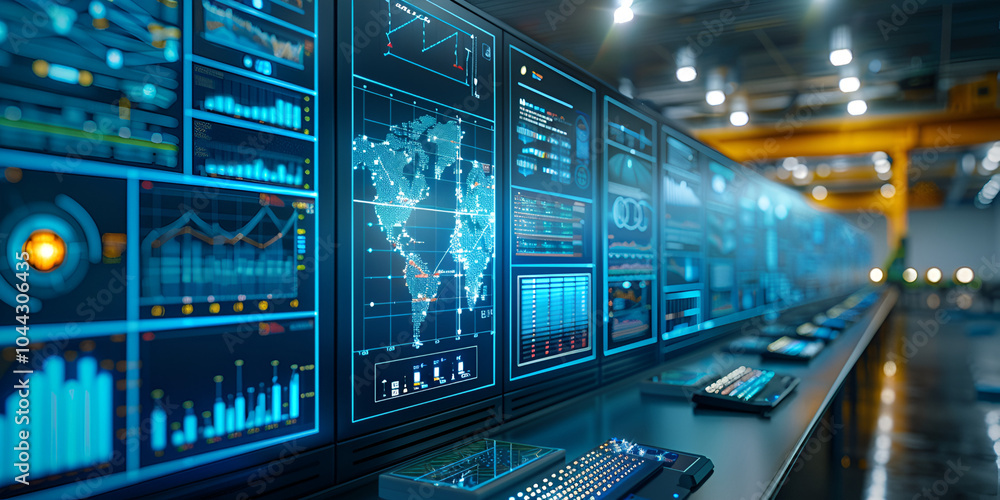 Data monitoring control room with global analytics, Industrial command ...