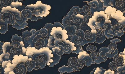 a pattern design based on a traditional japanese cloud motif in a blue color , generative ai