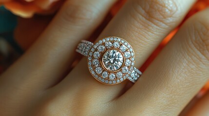 A 3D close-up of a woman hand adorned with a diamond-studded ring, showcasing the sparkle of the gem and the intricate design of the jewelry.