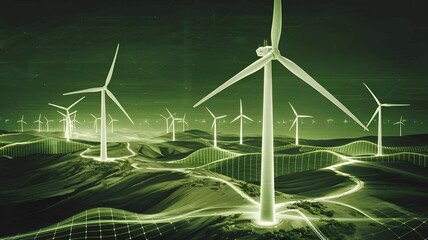 modern wind farm in a green-lit environment, showcasing renewable energy solutions for a sustainable