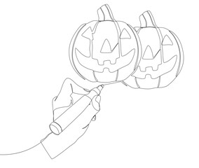 Wall Mural - One continuous line of Jack O' Lantern drawn by with felt tip pen. Thin Line Halloween pumpkin Illustration vector concept. Contour Drawing Creative ideas.