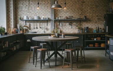 Industrial Kitchen Industrial style kitchen with round table and exposed brick wall.