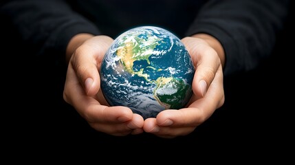 Glowing illuminated Earth globe held in human hands casting soft light into the surrounding darkness  This image symbolizes hope unity