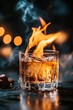 © Gentle Bunny - A glass of whiskey on rocks with flames and smoke, creating a dramatic and captivating atmosphere.
