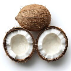 Closeup of two halves of fresh organic coconut with visible flesh on a plain white background  Minimalist simple and clean studio shot for wellness nutrition or culinary concepts