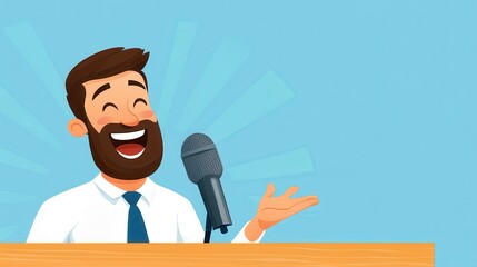 an animated man with a beard enthusiastically speaking into a microphone at a podium, set against a 