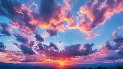 Wall Mural - Real majestic sunrise sundown sky background with gentle colorful clouds without birds. Panoramic