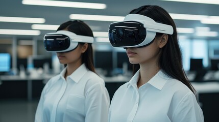 two women wearing virtual reality headsets, standing in a modern office environment, focused on thei