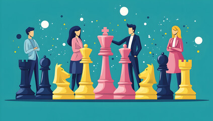 Wall Mural - Business Strategy with Chess Pieces and People, chessboard, game, competition, success, teamwork