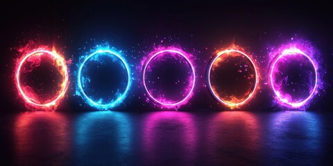 Fototapete - Five Neon Circles with Flames and Reflections on a Dark Surface