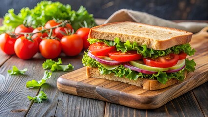 Wall Mural - A Freshly Made Sandwich with Sliced Tomatoes, Lettuce, and Onions on a Wooden Cutting Board