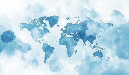watercolor world map illustration with blue and white hues.