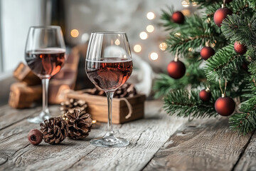 cozy holiday scene featuring two glasses of red wine beside beautifully decorated Christmas tree. warm ambiance is enhanced by pinecones and soft lights, evoking festive cheer