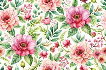  Seamless watercolor floral pattern with garden pink flowers, leaves, branches reflected in botanic tile background