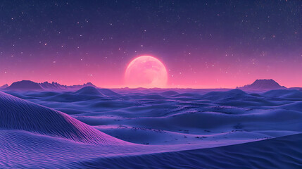 Pink Moon Desert Landscape, starry night, sand dunes, mountains, night sky, stars