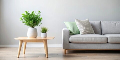 A minimalist living room with a light gray sofa and two potted plants on a wooden coffee table