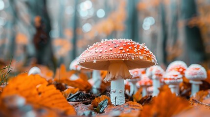 Autumnal Harvest: White and Orange Mushrooms Thriving in Woodland Settings