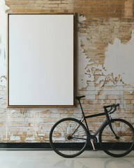 Blank canvas mockup on an exposed brick wall with a road bike leaning against it. Perfect for showcasing artwork, prints, or photography.