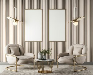 Modern living room interior with two armchairs, a coffee table, and two blank picture frames on a stylish wall. Perfect for showcasing your artwork or designs.