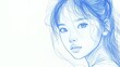 © Li - Fine lines and smooth strokes in a blue pencil sketch of a cute Chinese girl portrait. Delicate manuscript-style drawing with soft, artistic details, capturing innocence and charm