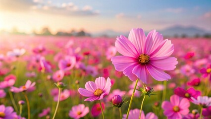 Wall Mural - Pink cosmos flowers blooming in vast fields , nature, floral, pink, cosmos, fields, landscape, beautiful, spring, blooming