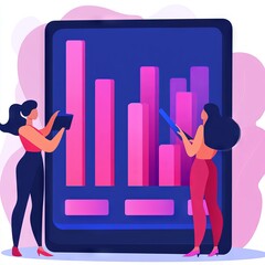 Two women analyzing data on a digital screen with bar graphs.