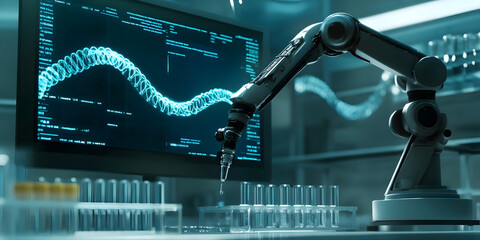 Wall Mural - the ai ​​robotic arm is operating the test tube on the test bench, the display screen is showing the