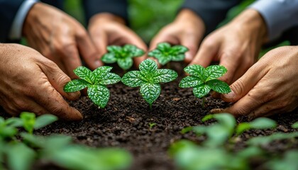 Poster - Hands Gently Protecting Five Young Green Seedlings in Soil