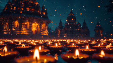 Wall Mural - Colorful diyas illuminating the night during Diwali celebrations in a grand temple setting