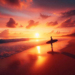 A lone surfer stands on a beach at sunset, holding a surfboard, with vibrant orange and pink hues reflecting off the water and sky