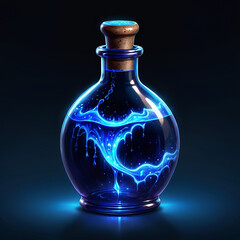 A glass bottle with a cork stopper contains a swirling blue liquid that glows with an ethereal light. The bottle rests on a dark blue surface, casting a soft blue glow.