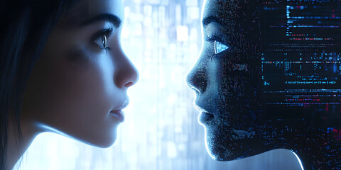 Wall Mural - formal face-to-face contact between humans and ai robots, mobile wallpaper, computer wallpaper, back