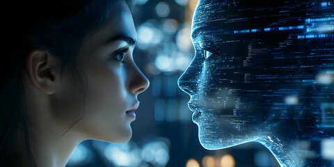 Wall Mural - formal face-to-face contact between humans and ai robots, mobile wallpaper, computer wallpaper, back