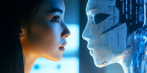 Wall Mural - formal face-to-face contact between humans and ai robots, mobile wallpaper, computer wallpaper, back