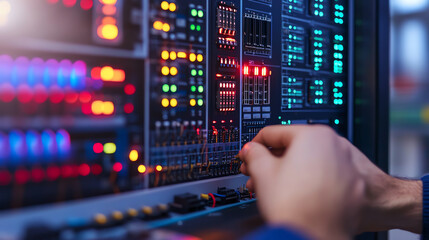 Close-up view of a person's hand adjusting switches on a professional server or control panel with colorful indicator lights.