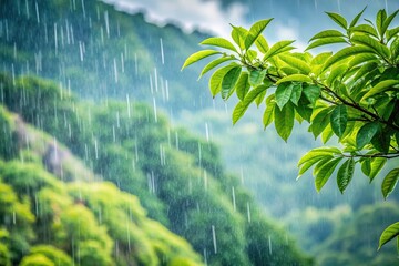 Wall Mural - rain falling on lush green leaves with mountain backdrop in rainy season