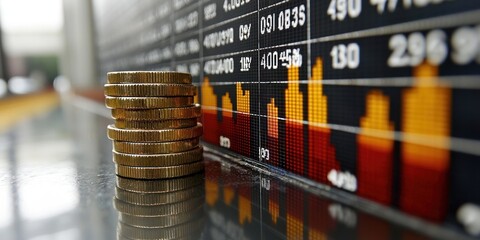 Aufkleber - Stack of Coins Against Stock Market Display
