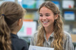 © Infinity Lens - A teacher smiling as they hand a report card to a student.