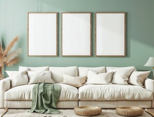 Living room interior with a white sofa, pillows, and three empty picture frames on a green wall. Add your art or photography to the mockup.