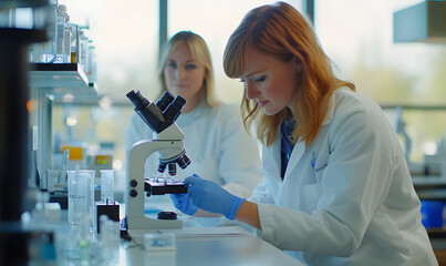 Wall Mural - a team of scientists is observing experimental specimens and data in the laboratory, microscope obse