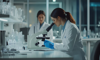 Wall Mural - a team of scientists is observing experimental specimens and data in the laboratory, microscope obse