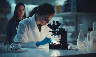 Wall Mural - a team of scientists is observing experimental specimens and data in the laboratory, microscope obse
