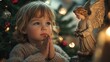 © kvladimirv - Child Praying by Christmas Tree with Angel Statue and Festive Lights