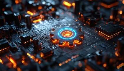 Aufkleber - Glowing Gear Embedded in a Futuristic Circuit Board