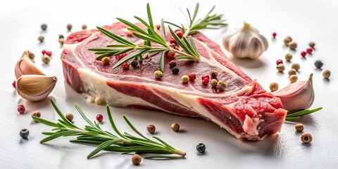 Wall Mural - Raw lamb chop garnished with rosemary, garlic, and peppercorns on a white background