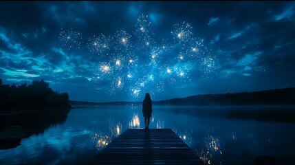 Generative AI Image of A Beautiful Woman Standing on a Wooden Plank by the Lake with Fireworks