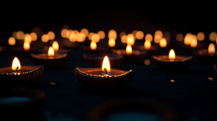 Wall Mural - Celebrating Diwali with illuminated diyas creating a festive atmosphere during the evening hours