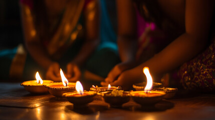 Wall Mural - Celebrating Diwali with traditional oil lamps during the festival of lights in a warm home setting