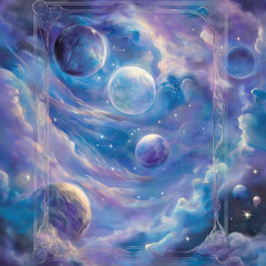 A mystical card featuring a celestial scene with stars, planets, and a glowing moon. Ethereal clouds swirl around the edges, with shimmering light reflecting off the space elements. Soft blues, purple