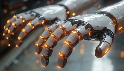Aufkleber - Close-up of a futuristic robotic hand with glowing orange lights